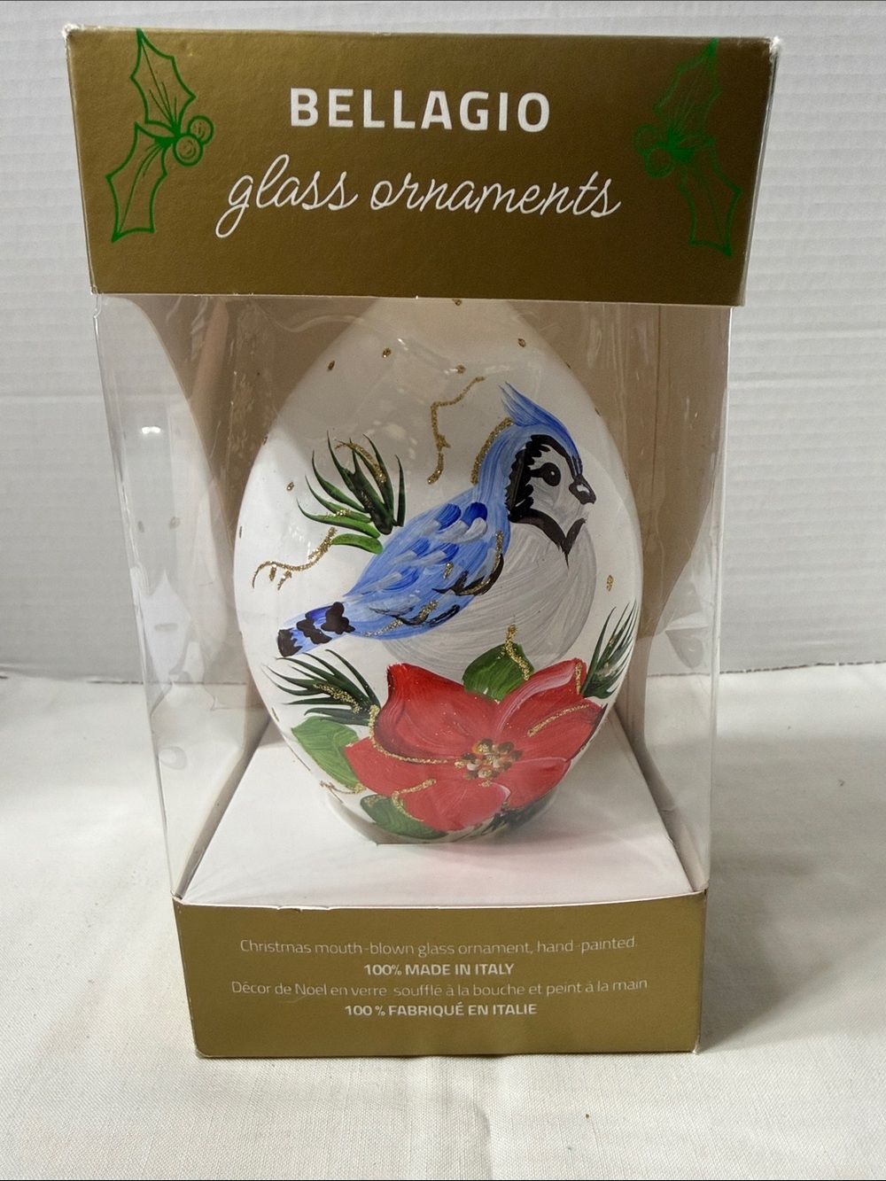 Bellagio Italy Hand-Painted Mouth Blown Glass Egg Delicate Blue Jay Ornament